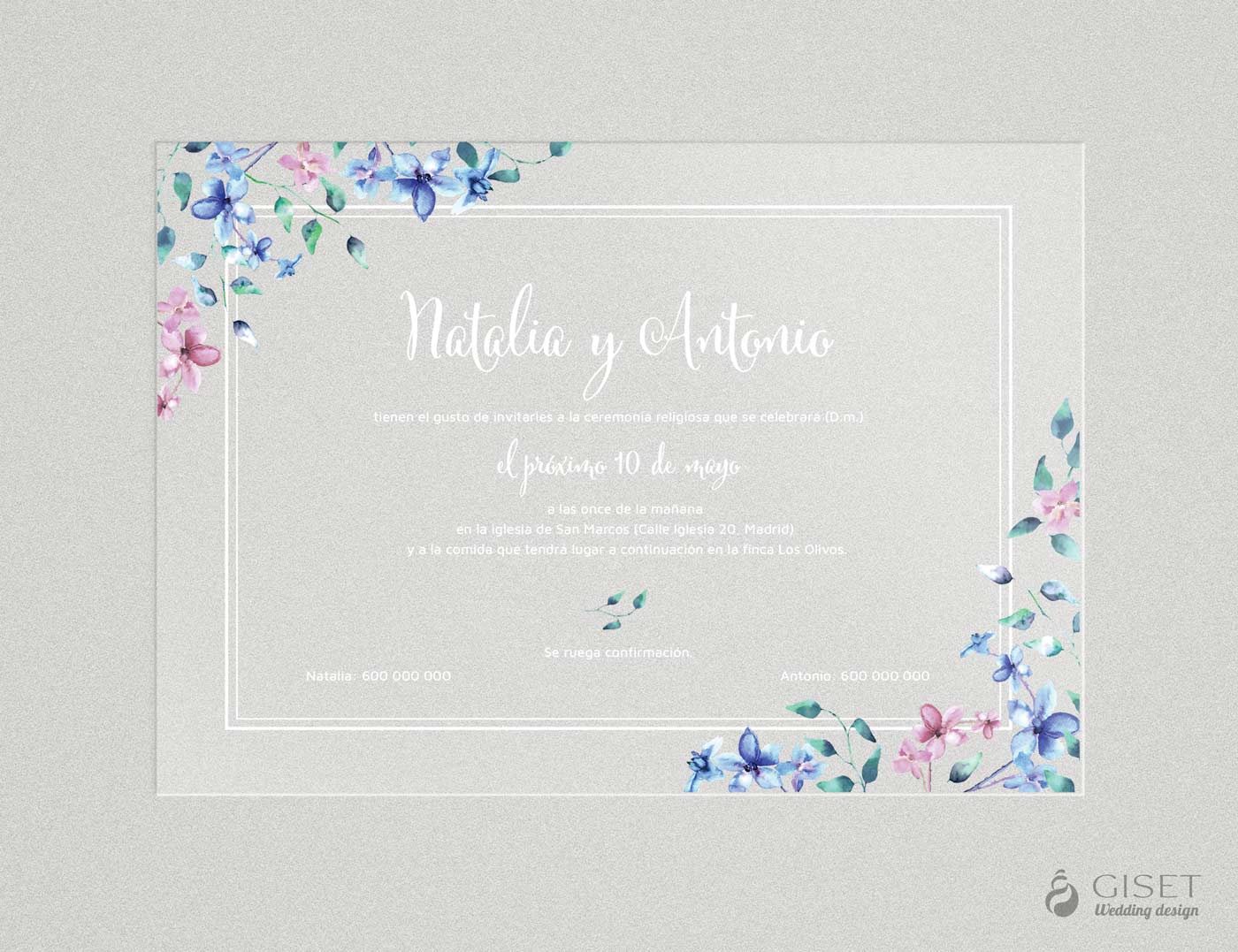 Invitaciones de boda transparentes con flores azules y rosas en acuarela -  Giset Wedding