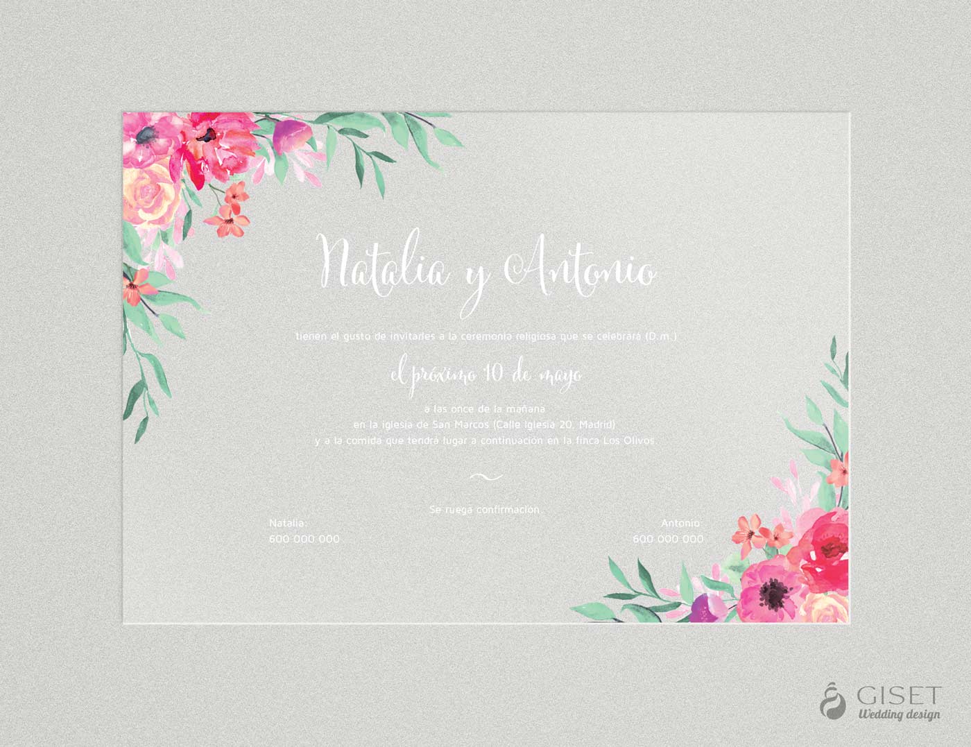 Invitaciones de boda transparentes con flores rosas en acuarela - Giset  Wedding