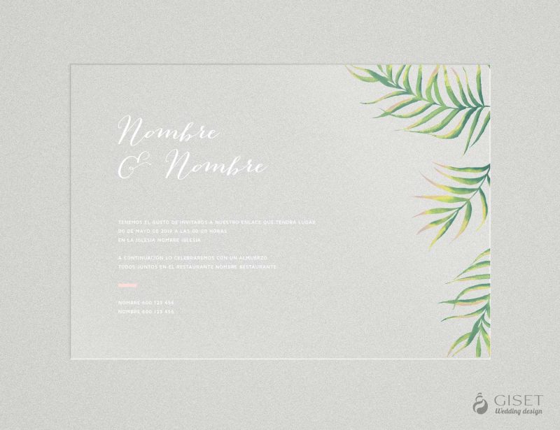 Invitaciones de boda transparentes con hojas tropical