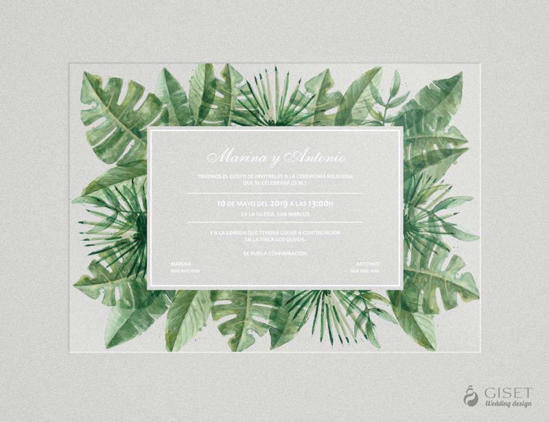 invitaciones de boda transparentes con hojas tropicales Giset Wedding