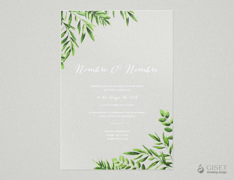 invitaciones de boda transparentes con hojas verdes Giset Wedding