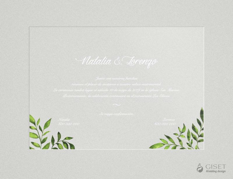 invitaciones de boda transparentes con hojas verdes Giset Wedding