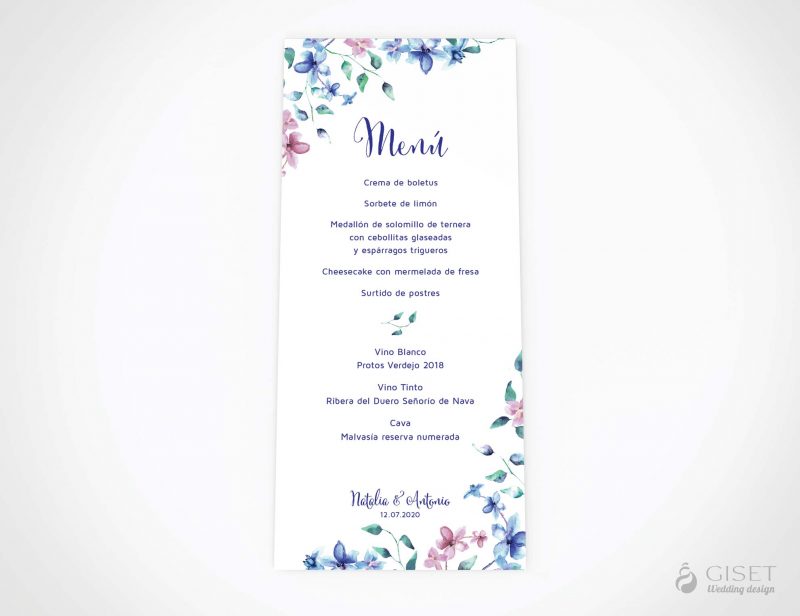 menu minuta boda con flores en acuarela azules y rosas giset wedding