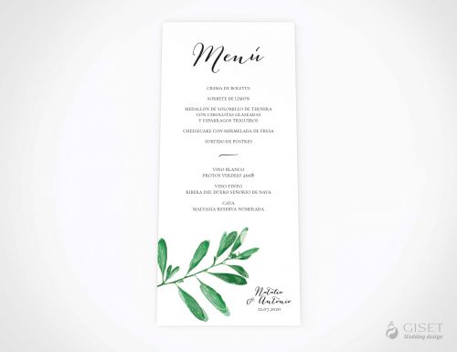 menu minuta boda con hojas verdes giset wedding