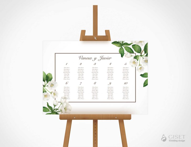 seating plan de boda con flores blancas en acuarela giset wedding