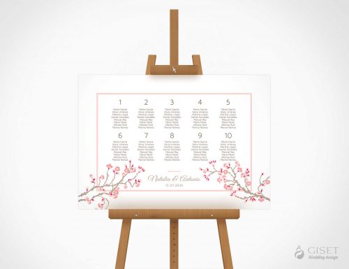seating plan de boda con flores cerezos giset wedding