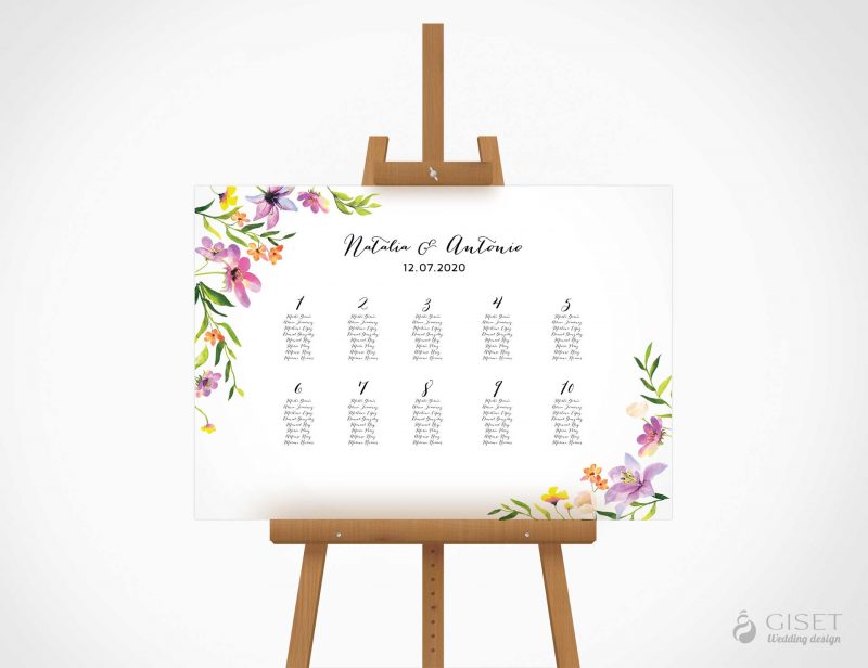 seating plan de boda con flores en acuarela giset wedding