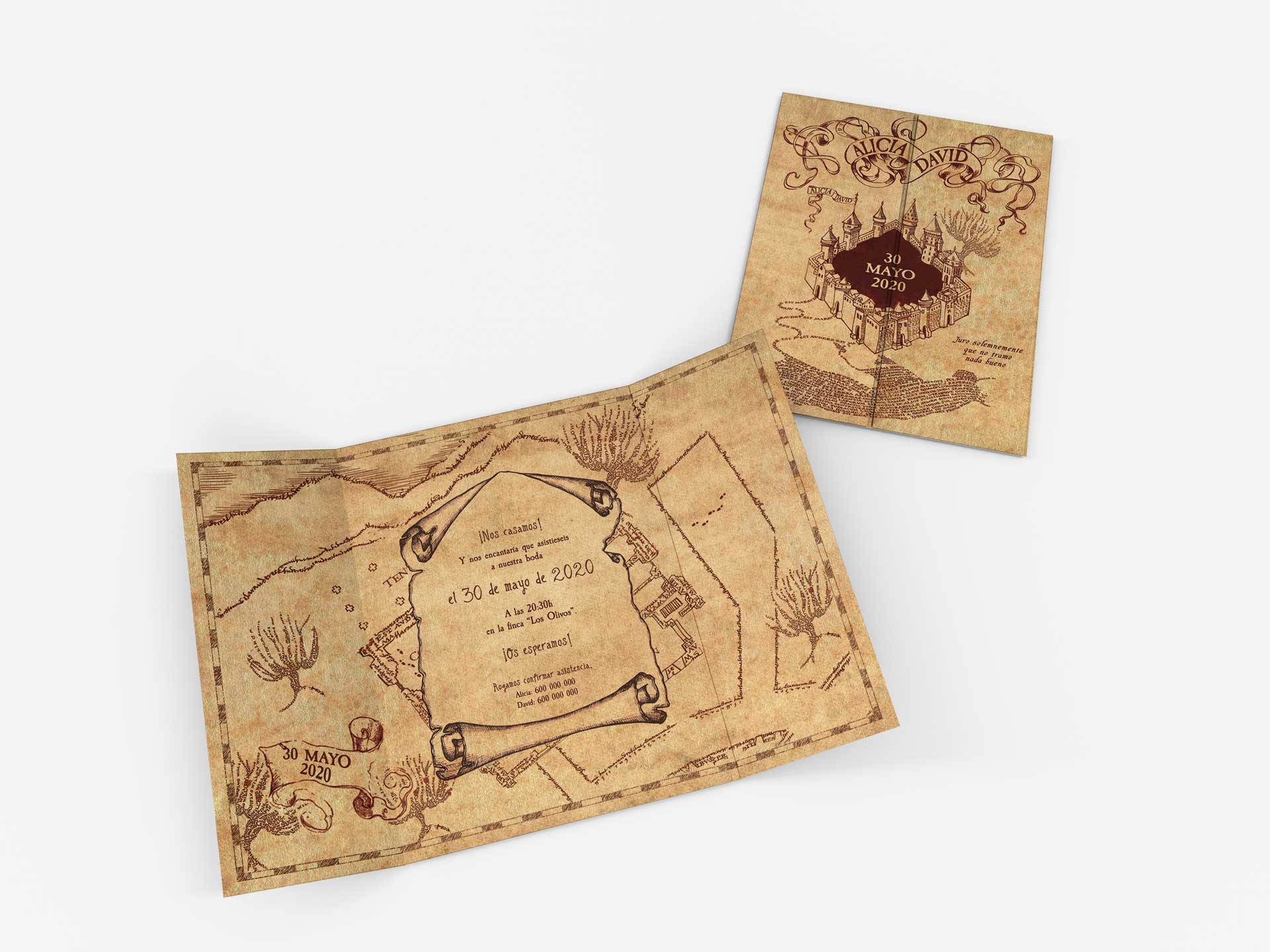 Papelería e invitaciones estilo Harry Potter invitaciones mapa de merodeador triptico giset wedding